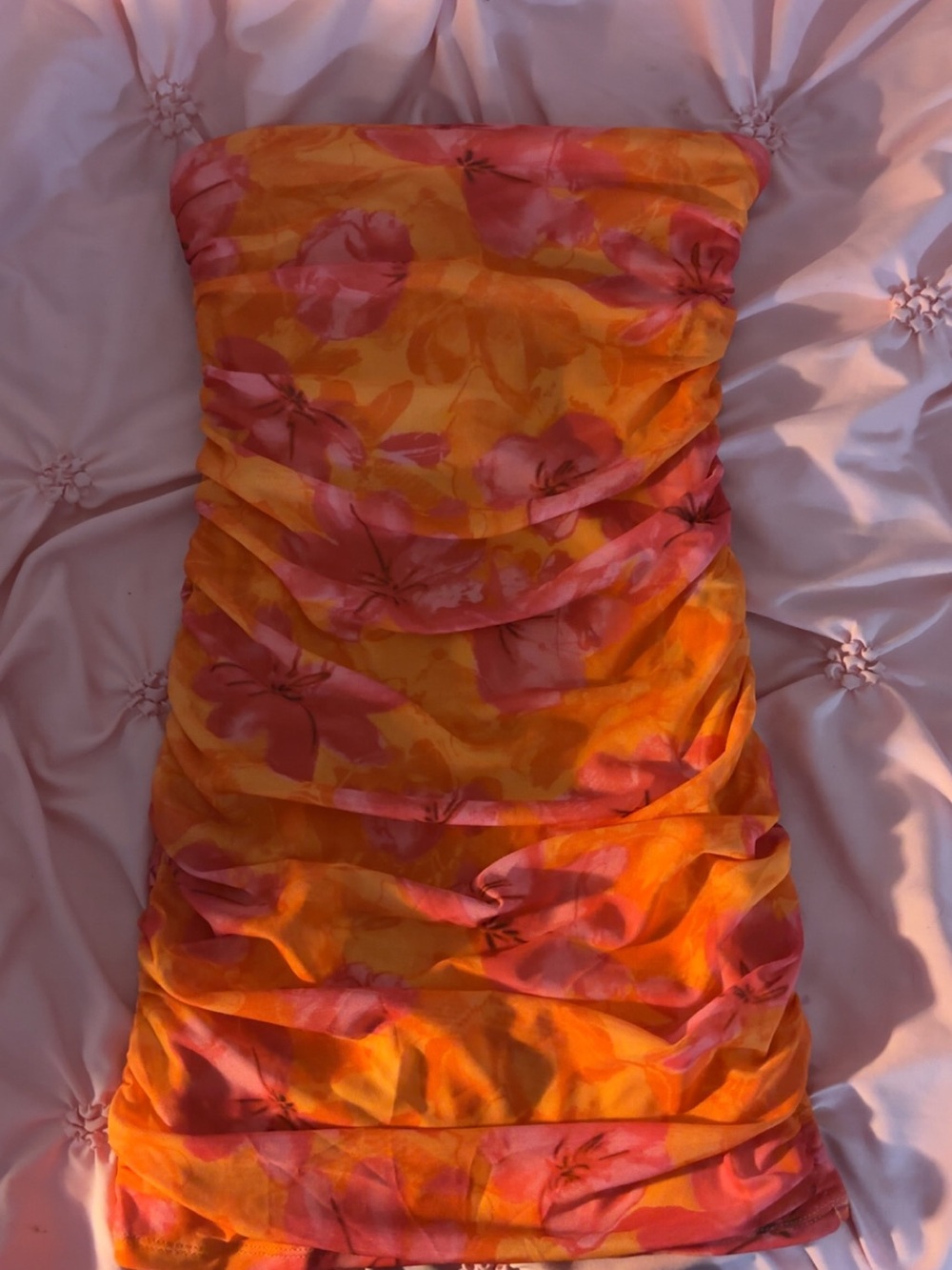 Pink & Orange Floral Strapless Women’s Dress